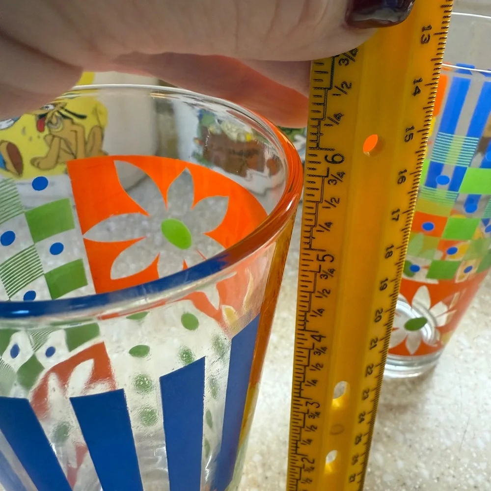 2 Vintage KIG  Multi Color 6” Glasses Tumblers Orange Blue Green Yellow Flower